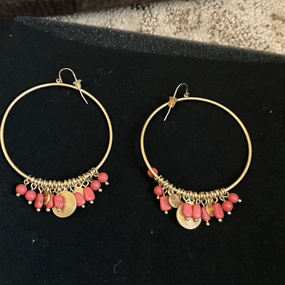 Gold Hoop Earrings with Coral Beads